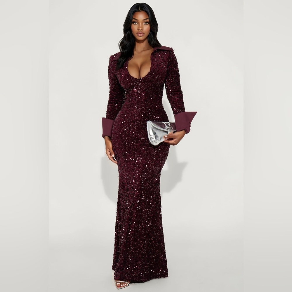 Fashion Nova Plum Sequin Maxi Dress Long Sleeve Bodycon Glam Evening Gown 1X